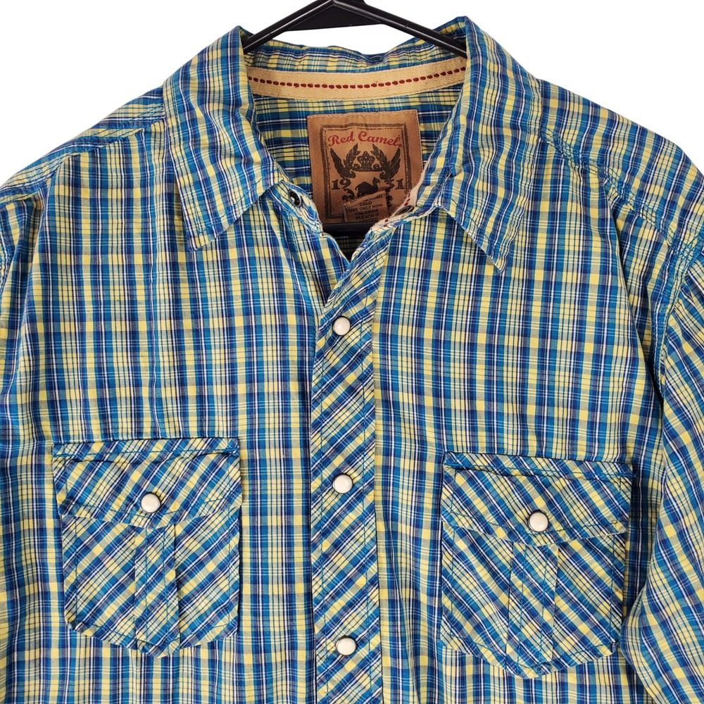 Red Camel Mens Blue Yellow Plaid Pearl Snap Western Shirt Large L 100% Cotton